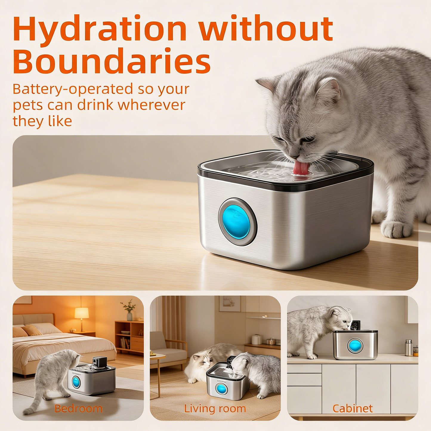 4L Cordless Pet Fountain, Stainless Steel with Motion Sensor