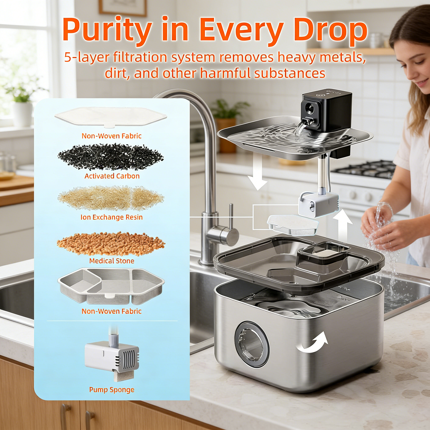 4L Cordless Pet Fountain, Stainless Steel with Motion Sensor